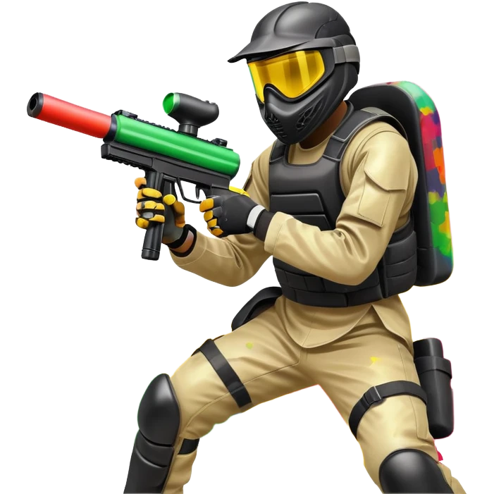 A dynamic scene of a player in action, holding a paintball gun and wearing protective gear. The background shows a vibrant paintball field with obstacles, colorful splatters of paint in the air, and an intense, competitive atmosphere. emoji