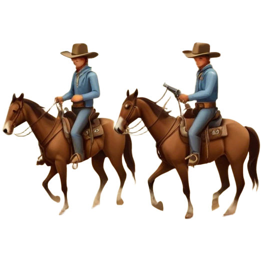 Icon for Western: A vintage movie poster-style design with cowboys on horseback, dusty desert landscape, and a setting sun. Include cowboy hats, revolvers, and an old saloon. The design should have bold typography and a retro cinematic feel. Transparent background. emoji