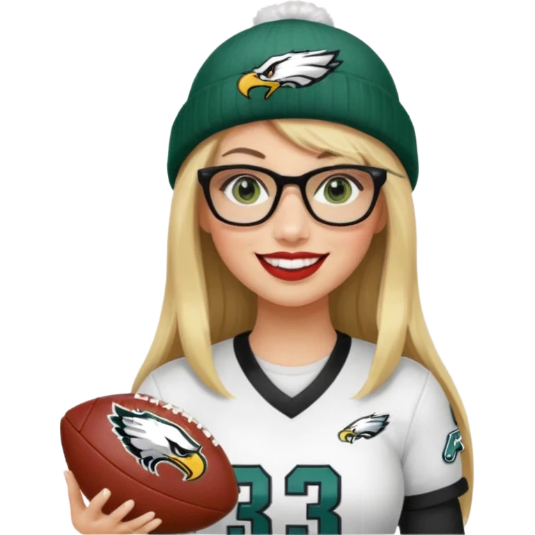 full length women wearing eagles uniform, long straight blonde hair, straight bangs, green eyes, black rectangle glasses, holding football, number 33, smiling, lipstick, eagles beanie emoji