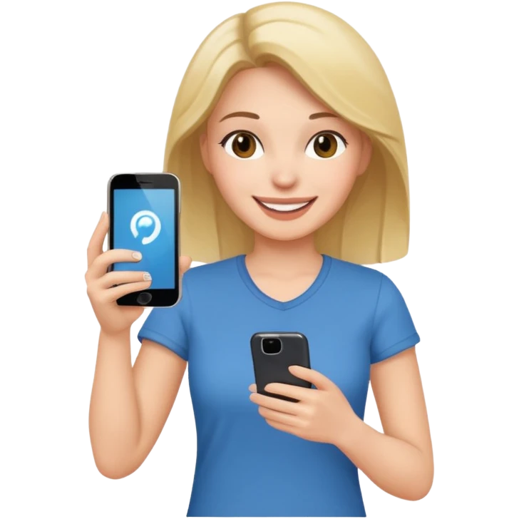 woman casual clothes holding one phone in one hand emoji