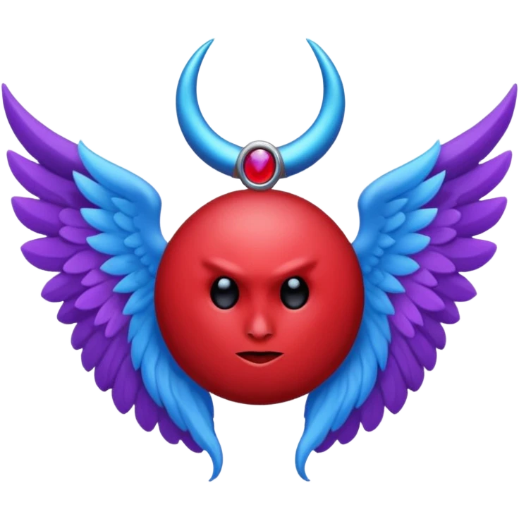 The letter o in black, purple Angel wings, red devil horns, and blue halo on top emoji