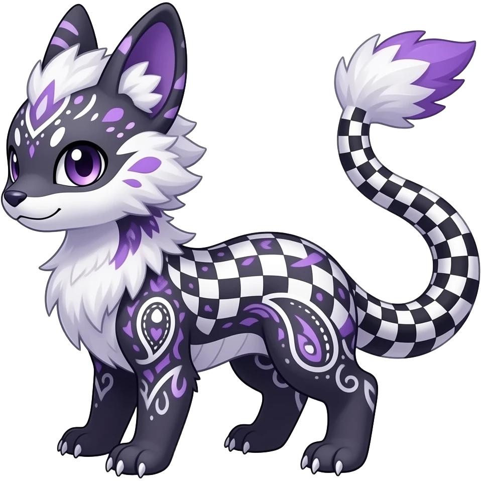 Paisley-patterned gingham-patterned feathery elegant realistic Furry, feathery fluffy tropical flecked painted feathery scaly, Purple, white, black, Minccino-Bambino-Lykoi-Linoone-Zangoose-fusion-hybrid-animal-Fakémon-creature, full body, thin long sleek scaly tail, intricate markings emoji