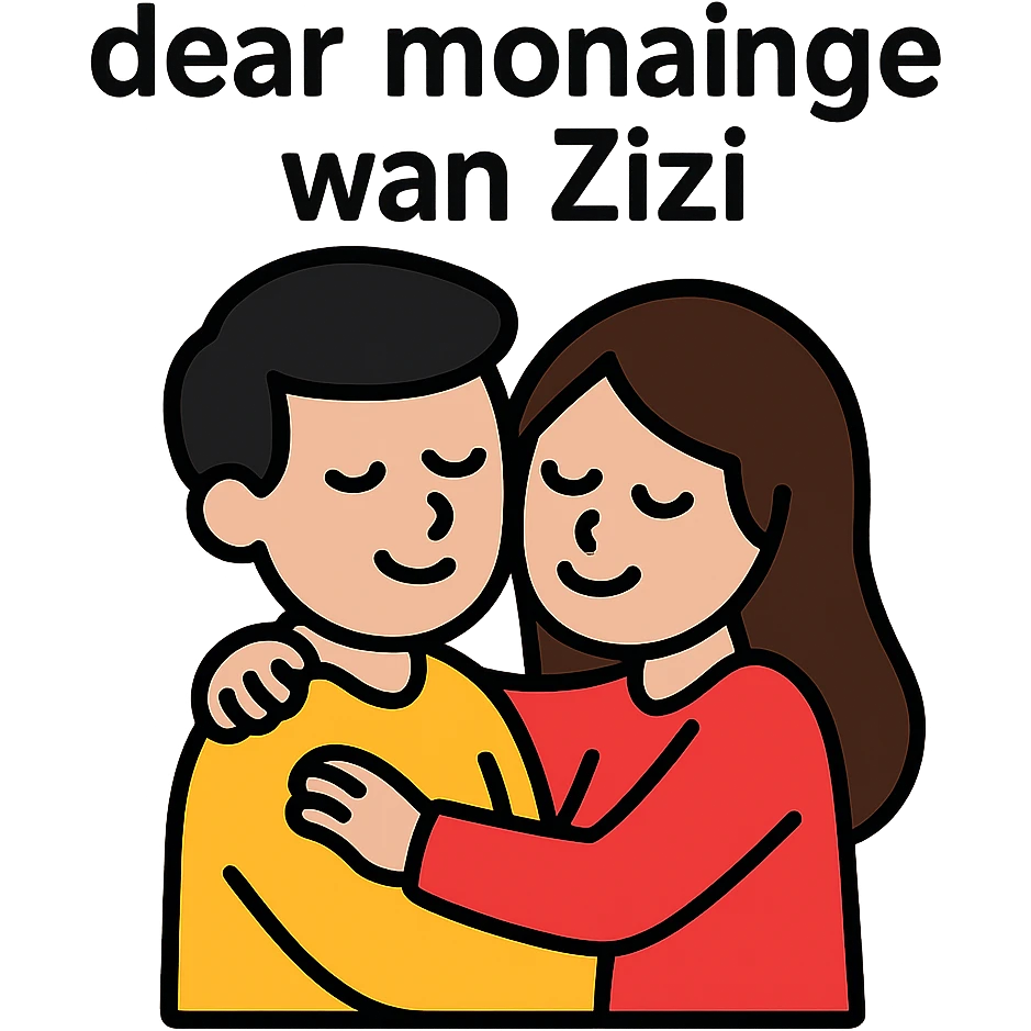 person hugging girlfriend, with text 'dear monainge wan Zizi' emoji