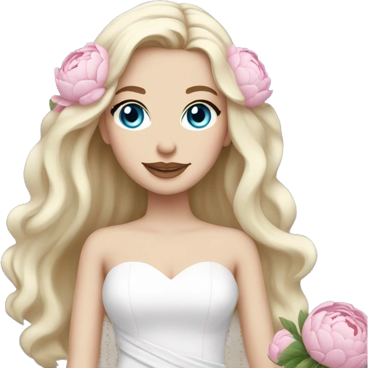White bride with long light blonde hair and blue eyes with light pink peonies in hair white skin  emoji