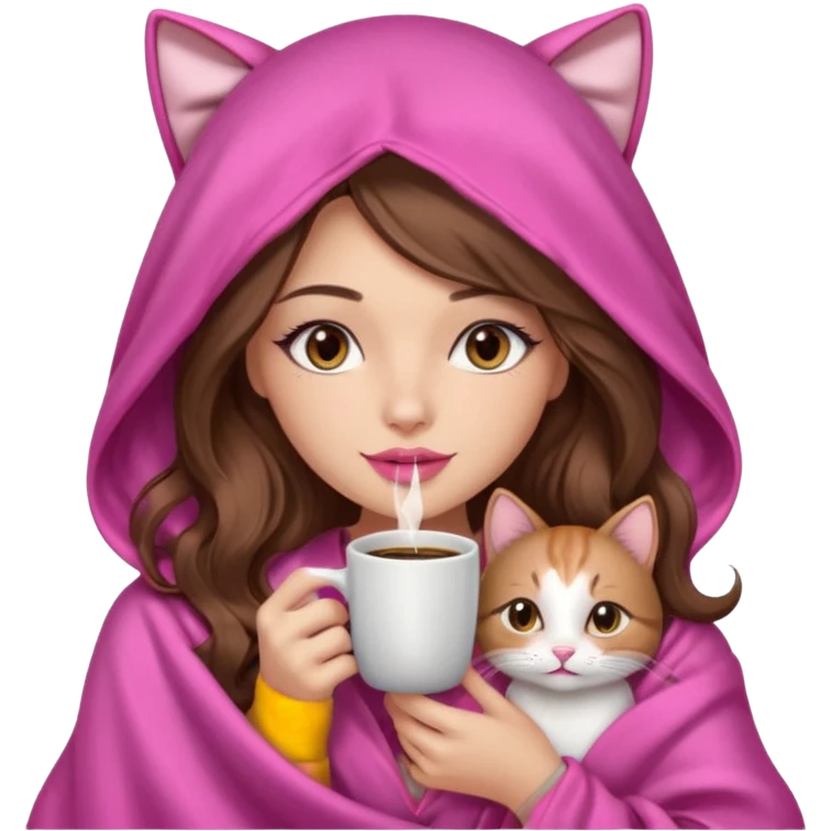 girl with long wavy brown hair, brown eyes, long lashes makeup, sexy pink lips, light to medium complexion, wearing a pink sexy silk top, big blanket over the head cozy holding a cat,  drinking coffee emoji