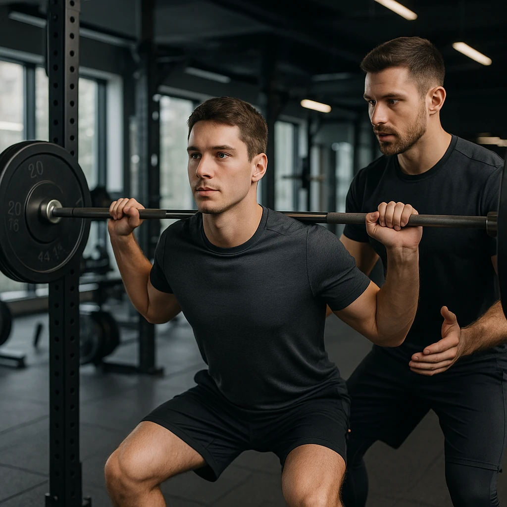 intermediate subject in gym, performing barbell exercises under personal trainer supervision, wearing sportswear, learning atmosphere, realistic details, modern gym background, 4K quality emoji