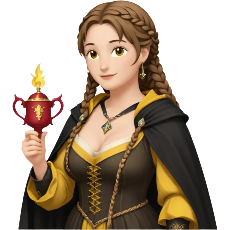 Helga Hufflepuff, half-turned in profile,brown-haired,2 braids,yellow-black medieval open dress,deep neckline,fat macromastia,black cloak decorated with gold braiding,wand,gold cup with two handles,very kind smile,curvy busty sweet woman,round rosy cheeks,full length with medieval shoes emoji