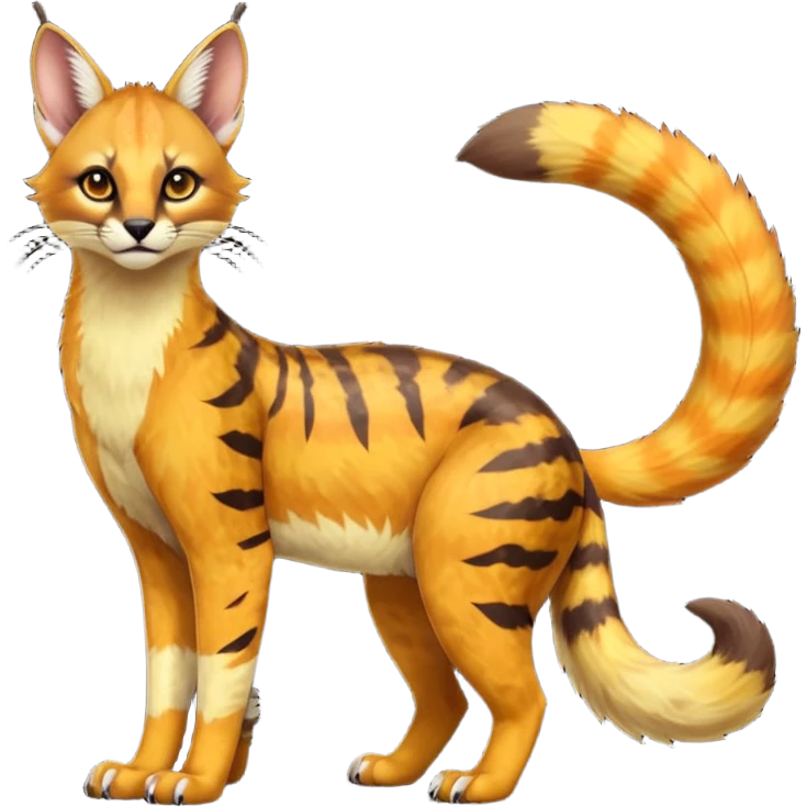 Dark gloomy orange-golden-yellowish-beige-gradients colorful painted marked patterned Asian glorious divine exotic cute cool beautiful shiny beautiful fantasy-caracal-civet-genet-sergal-vernid-Cacomistle-oncilla-animal-Fakémon-hybrid-fursona (full body) emoji