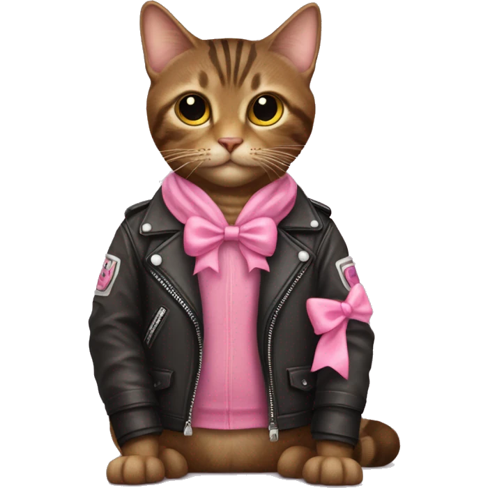 Brown tabby cat wearing a motorcycle jacket with pink bows emoji
