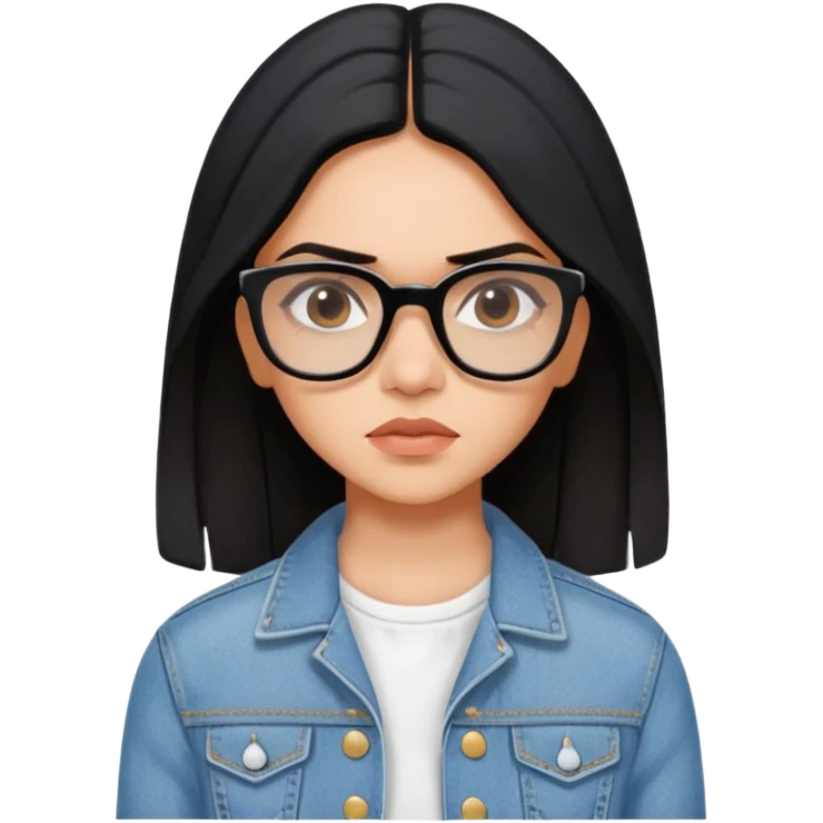 generate a pretty bratz emoji 
Make her wear a white dress with a denim jacket over it. black hair side part 

She should look exactly  like Deepika padukone! wearing tiny rectangular spectacle, looking sad emoji