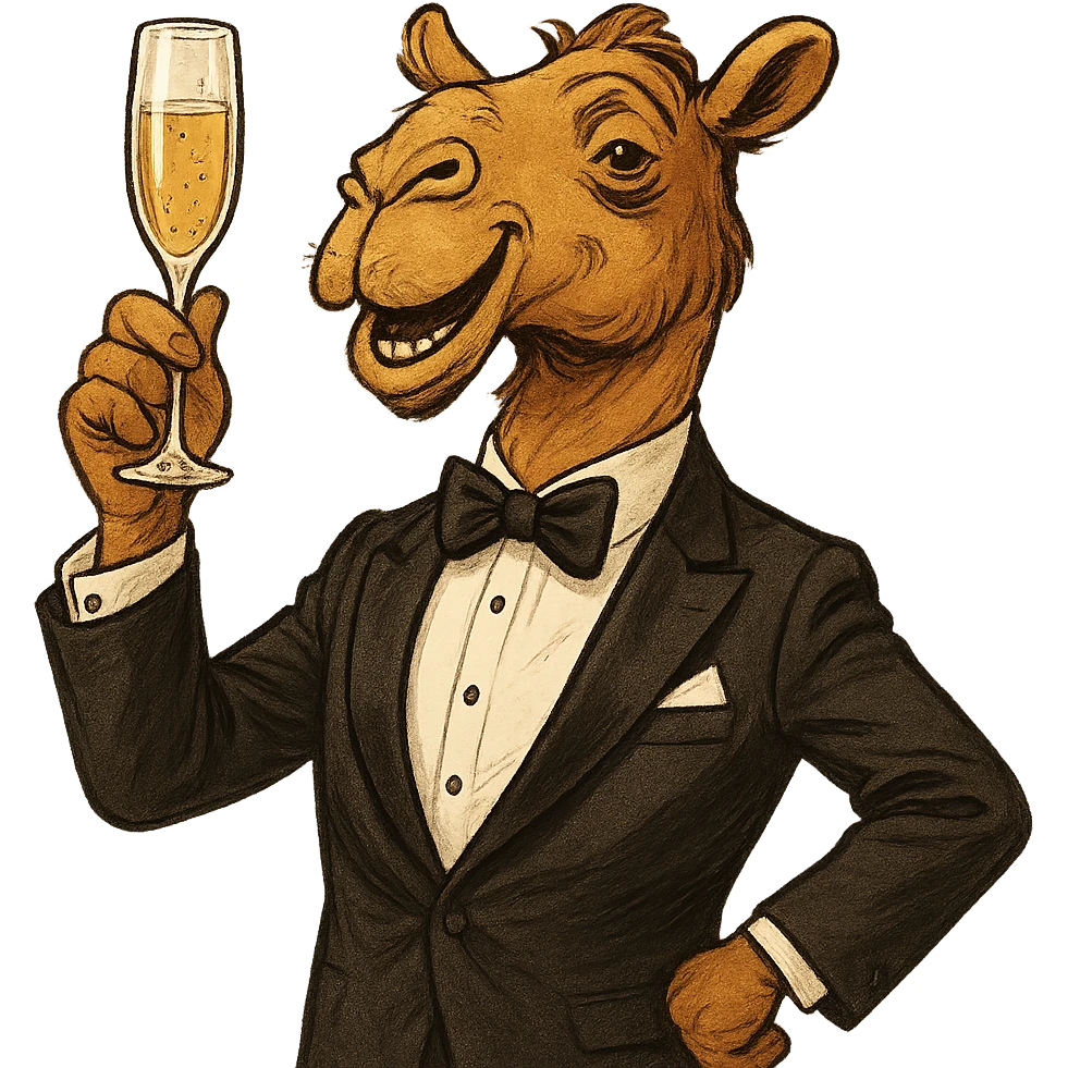 a camel in a tuxedo, holding a champagne glass, celebratory mood, sophisticated and fun emoji