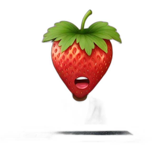 a strawberry with the body of a man with eyes a mouth a nose and everything else the strawberry is in front of a mac laptop with a mask that hides his eyes so that we don't recognize his face emoji