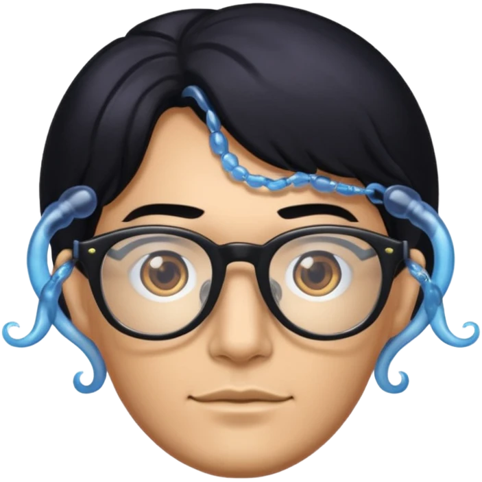 make a guy from portugal that has glasses and has a good jawline and a little masculine and black hair that spreads to the sides and make him glossy and shiny emoji