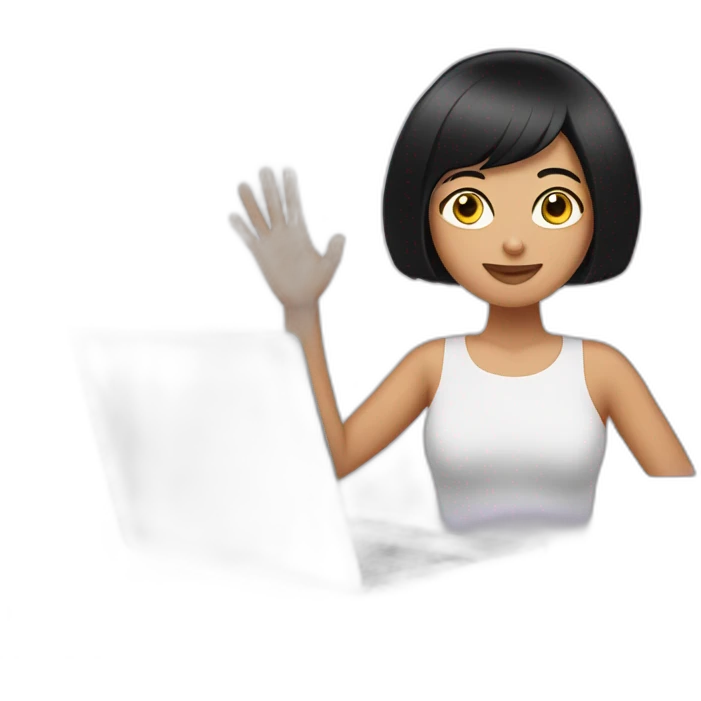woman with black bob haircut and hand signs behind laptop emoji