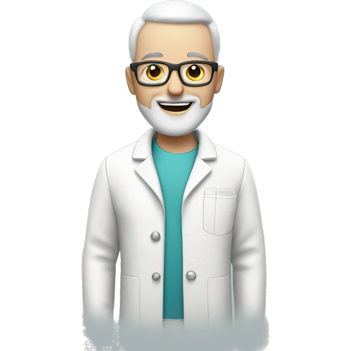 white man, bald with grey beard in dentist's white coat, has glasses emoji