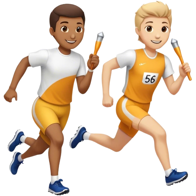 Show the baton being passed off like in a relay race. Make them smiling  and running in a track relay race. One needs to be running and hanging one baton to the other. Put the number 56 o  their shirts. Great now make the baton bigger and brighter like the Olympics  emoji