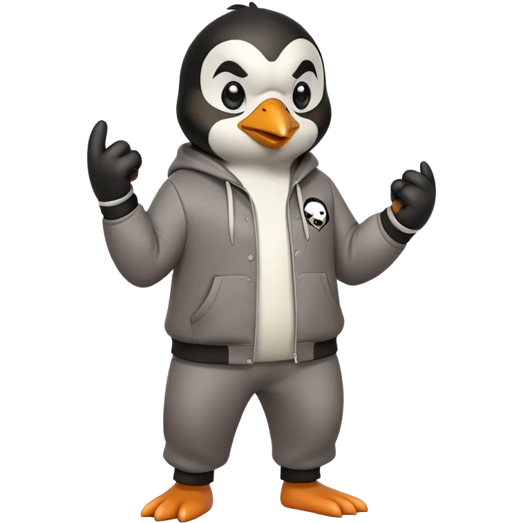 friendly anthropomorphised penguin wearing a mafia-style tracksuit, secretive scheming pose, angry expression, stomping while walking, holding a knuckle duster emoji