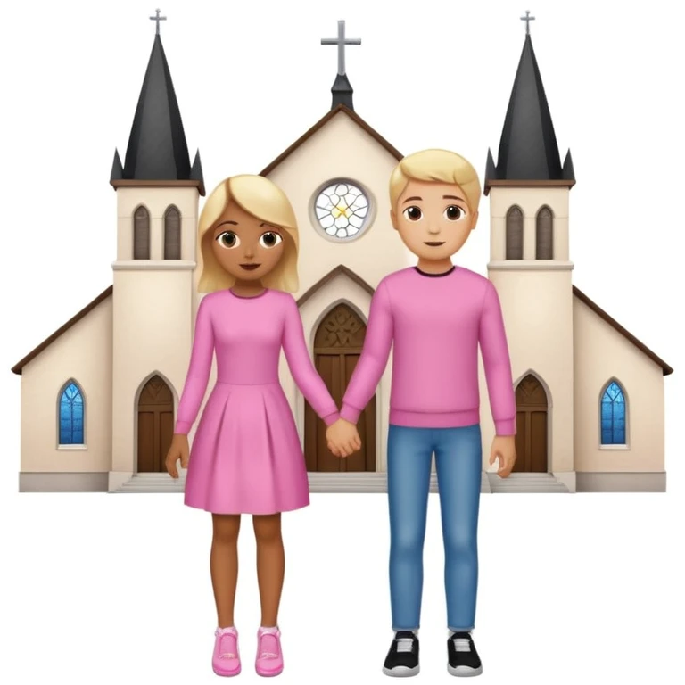 Una pareja de novios van tomados de la mano ella es rubia de ojos carmelitas piel blanca vestido rosado y tacones el muchacho es de piel morena ojos negros un pullover blanco pantalón de mezclilla y tenis blancos el fondo es una iglesia  emoji