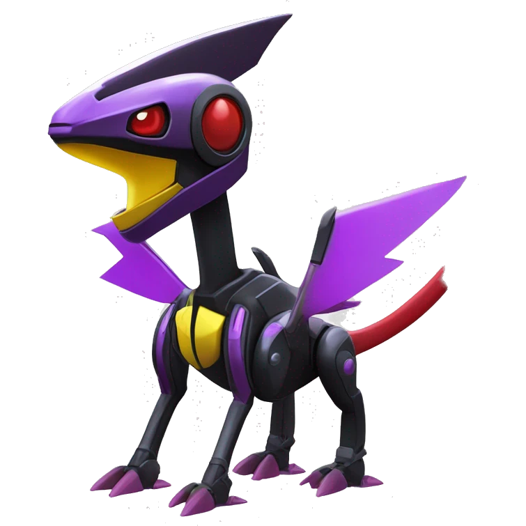 a shiny black-purple-red-yellow Genesect-Flygon-Raptor-Fakémon-Medabot-hybrid with a futuristic visor-helmet full body emoji
