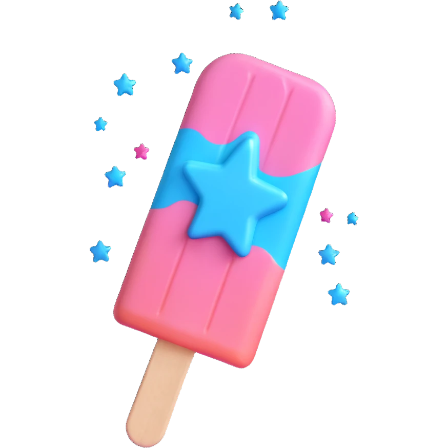 3D iOS style popsicle with blue and pink colors, star decorations, and a melting effect emoji
