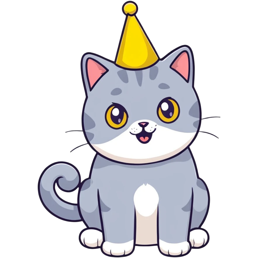 Joyful British shorthair blue cat with excited expression wearing a party birthday hat emoji