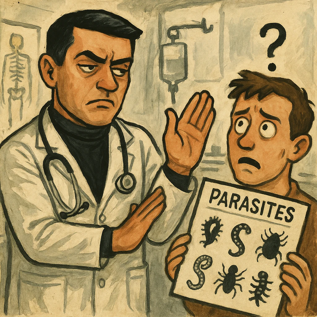 Create a semi-realistic or expressive style image of a male doctor inspired by the reference image, wearing a white coat. The doctor is waving off a diagnostic chart showing parasites, with an indifferent or annoyed look. The patient looks confused. The background is clinical. The tone is critical and ironic. emoji