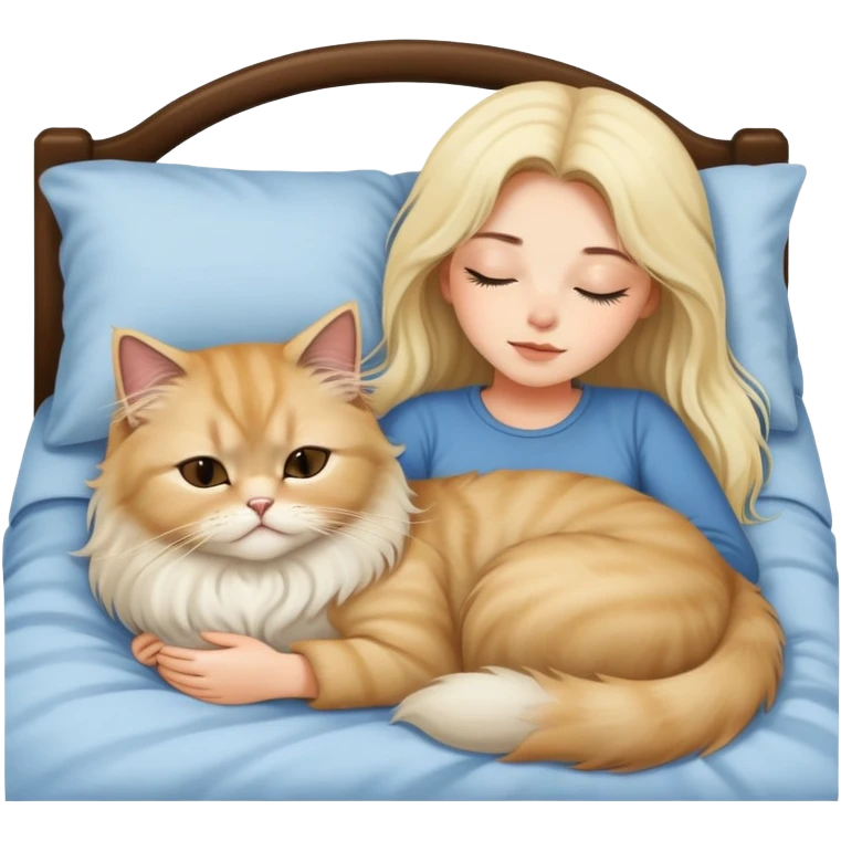 pretty girl with dark long hair sleeping with blonde fluffy  persian cat in bed emoji