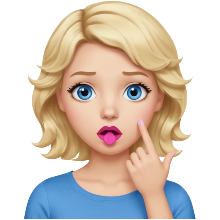Girl Blonde short wavy hair,  blue eyes, cute blue top, long lashes, pink lips, shocked, hand over the mouth emoji