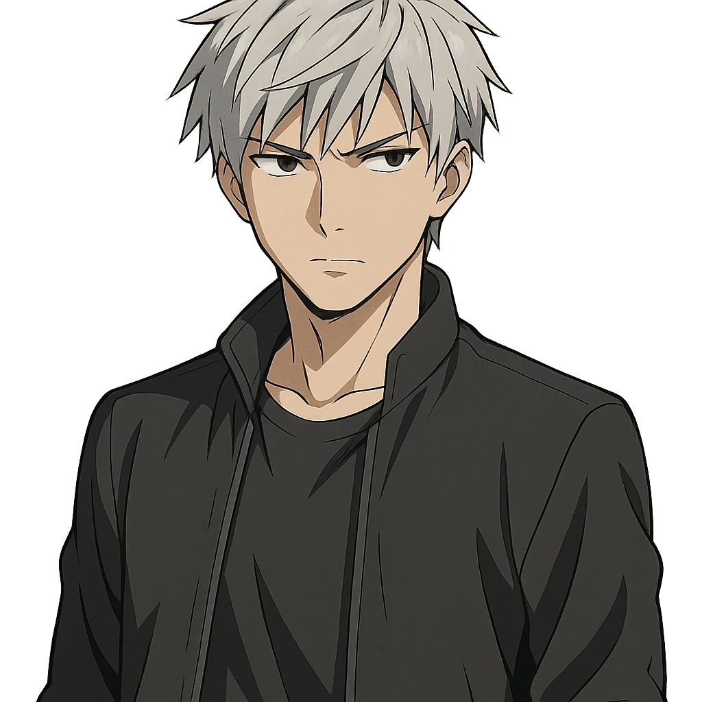 male anime character with silver hair, half-length, serious look, modern anime style, no background emoji