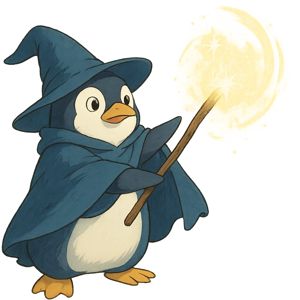 ghibli style penguin wizard casting a spell emoji