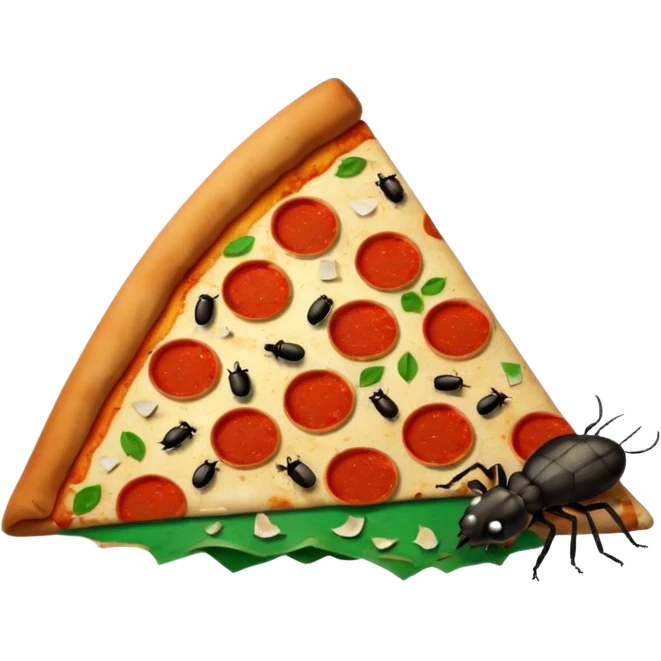 emoji-style icon of a pizza restaurant with pizza slice sign, trash, bugs, and a rat in the style of the apple emoji rat outside, dirty and gross, clear at small size, no text emoji