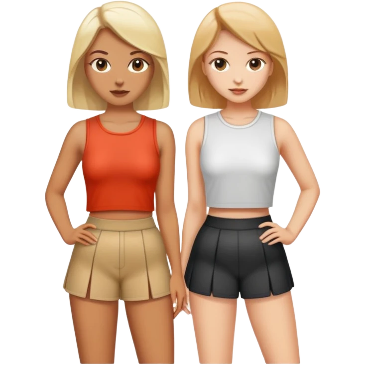 Two beautiful women, one wearing short shorts, the other wearing a mini skirt emoji