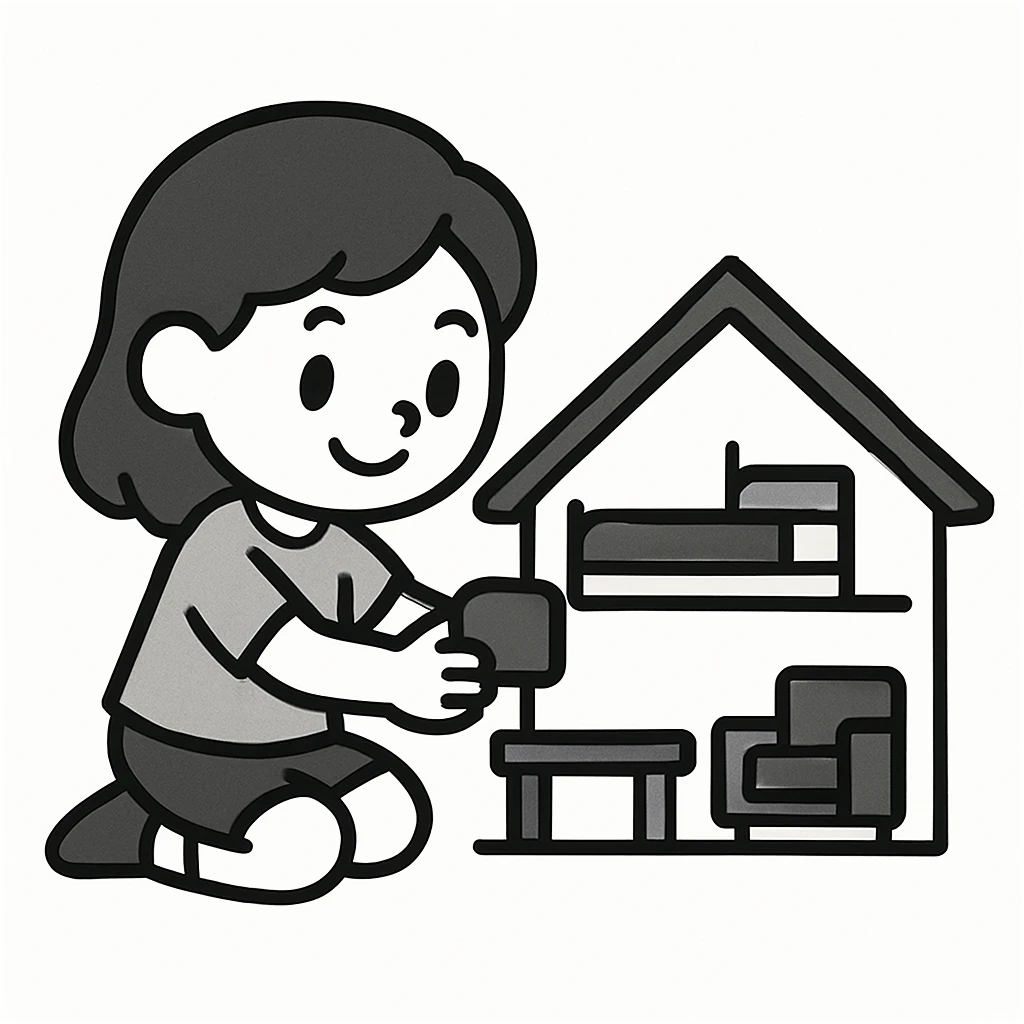 smiling girl arranging furniture in doll house emoji
