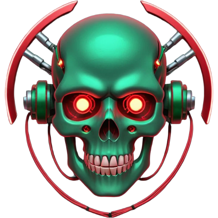 Cyberpunk shield, skull with cybernetic implants, glowing wires, dark green and red tones, no background emoji
