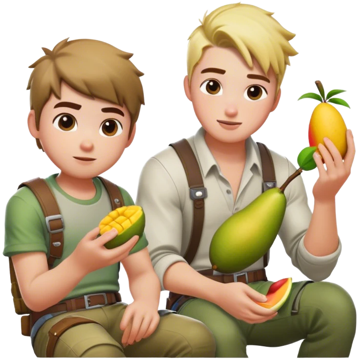 Joseph playing Fortnite and Bryce sitting beside him eating mango emoji
