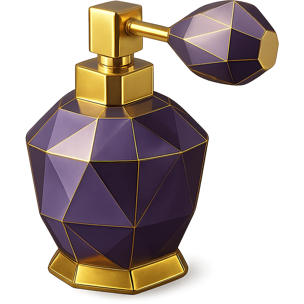 Make this purple perfume bottle look more luxurious with elegant details and add gold accents. Keep the background transparent. emoji