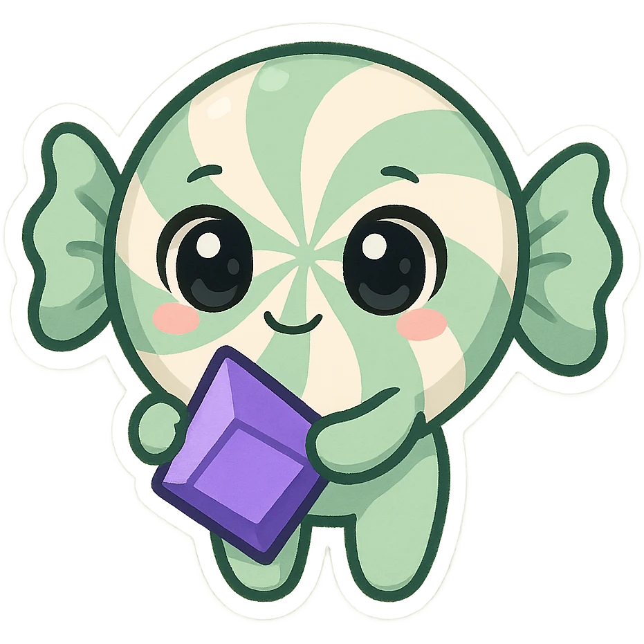 spearmint candy with big eyes holding a Twitch bit, chibi style emoji