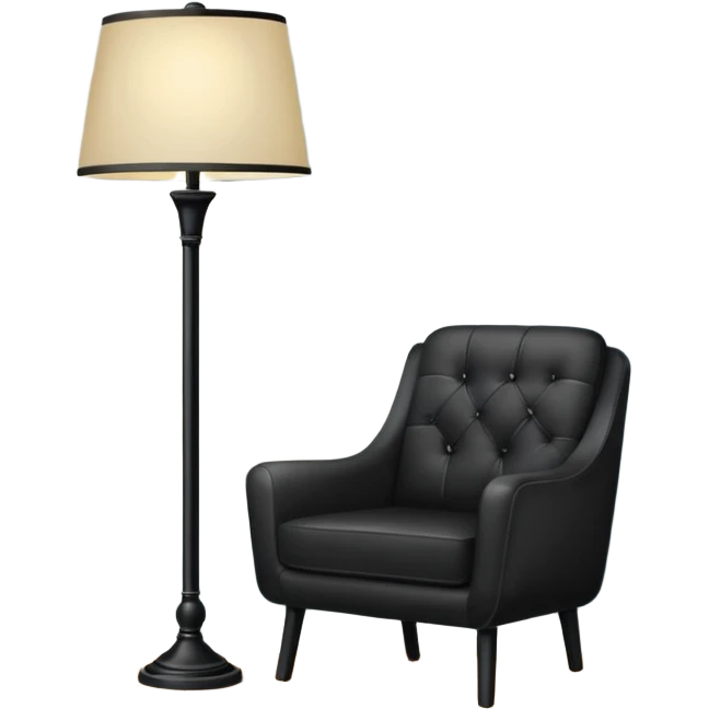 Minimalistic flat vector icon, iOS style, thin black contour on white background. Floor lamp and chair next to a framed picture on wall. Clean, no text, no shadows emoji