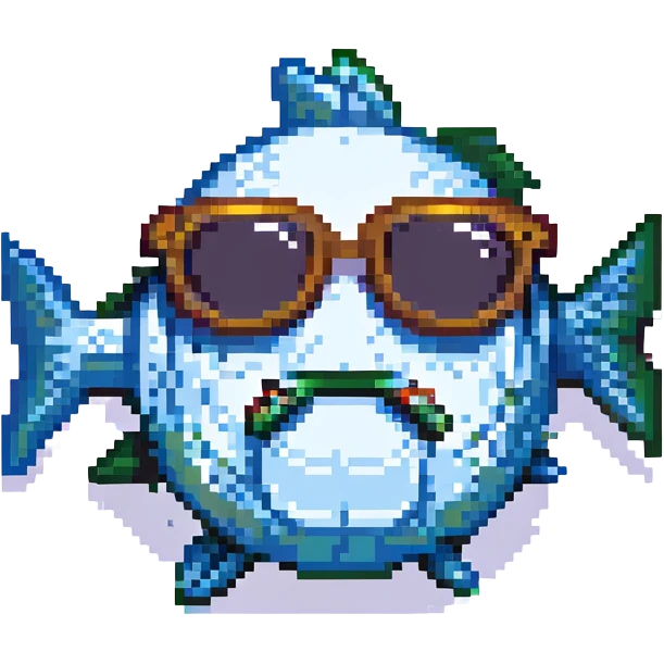 a fish raising one eyebrow and wearing sunglasses emoji