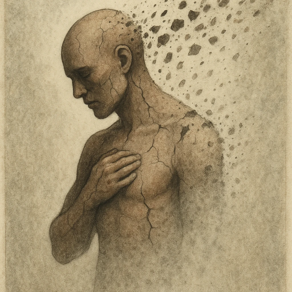 symbolic and realistic illustration of a stylized human figure self-destructing, with body parts dissolving or fragmenting, cracks and fading, educational and respectful tone, no explicit details emoji