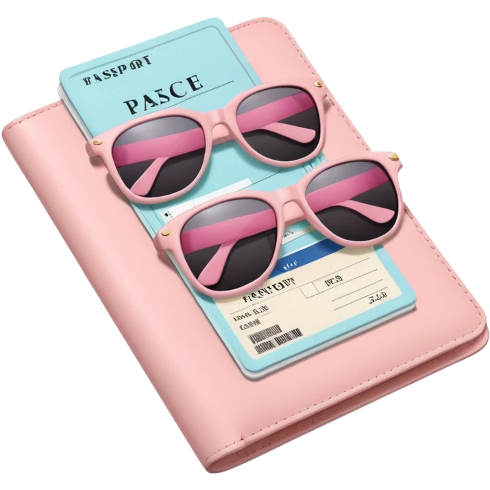 Flatlay of pastel pink passport holder, sunglasses, and plane ticket on a white surface emoji