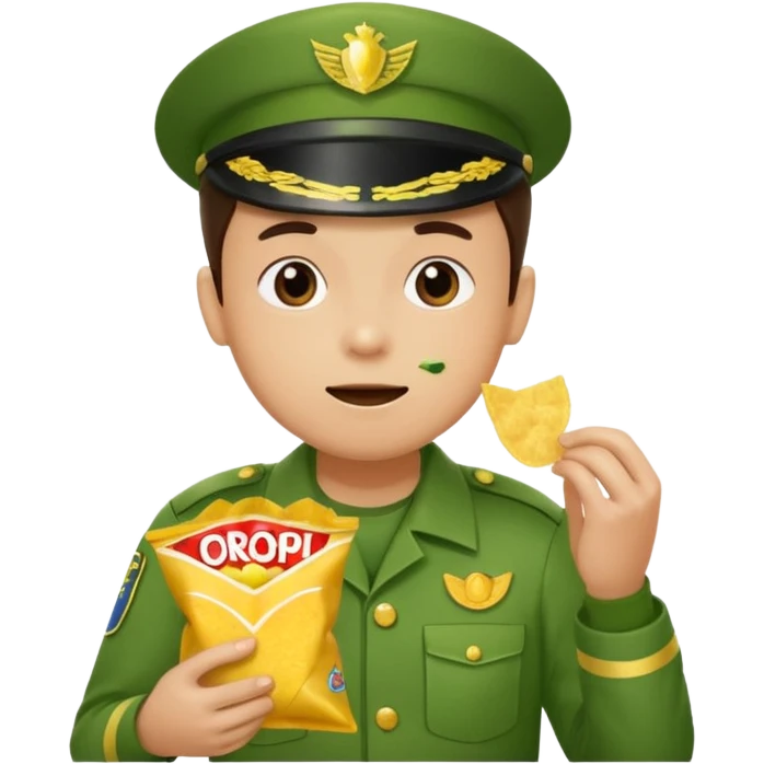 supermarket collegue wearing a green uniform and eating a packet of crisps emoji