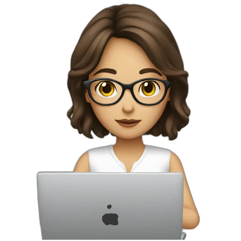 Brunette with glasses resting chin on hand gazing at laptop emoji