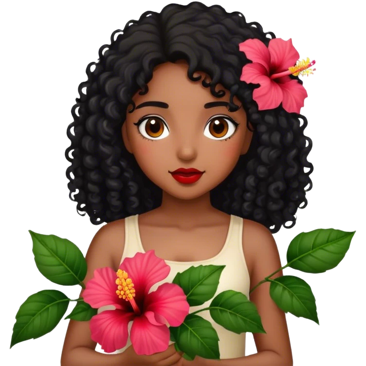 Girl with brown skin with black curly hair holding hibiscus flowers emoji