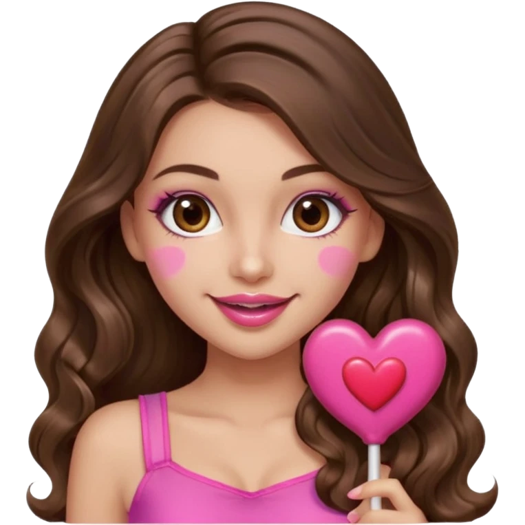 girl with long wavy brown hair, brown eyes, long lashes makeup, sexy pink lips, light to medium complexion, wearing a pink sexy top,, heart lillipop emoji