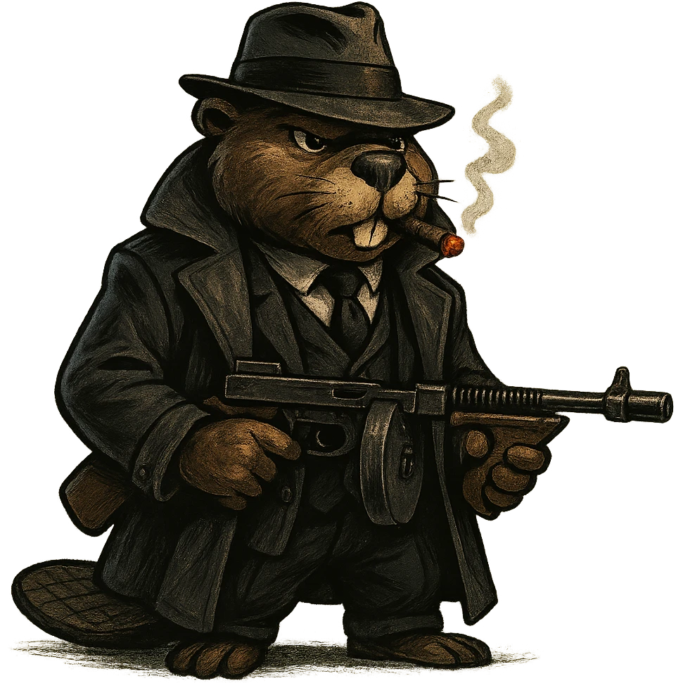 tough anthropomorphic beaver dressed as a 1920s gangster, wearing a dark trench coat, black three-piece suit, white dress shirt, black tie, and a fedora hat tilted forward, lit cigar in mouth, holding a vintage Tommy gun, standing confidently, dramatic lighting, gritty noir tone, realistic cartoon style, transparent or simple background emoji
