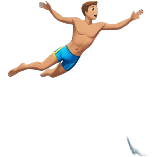 A diver mid-air, plunging from a high cliff into the sparkling ocean below. The background features rugged cliffs, clear blue water, and a bright sky, emphasizing the excitement and danger of the sport with a sense of freedom and adventure. emoji