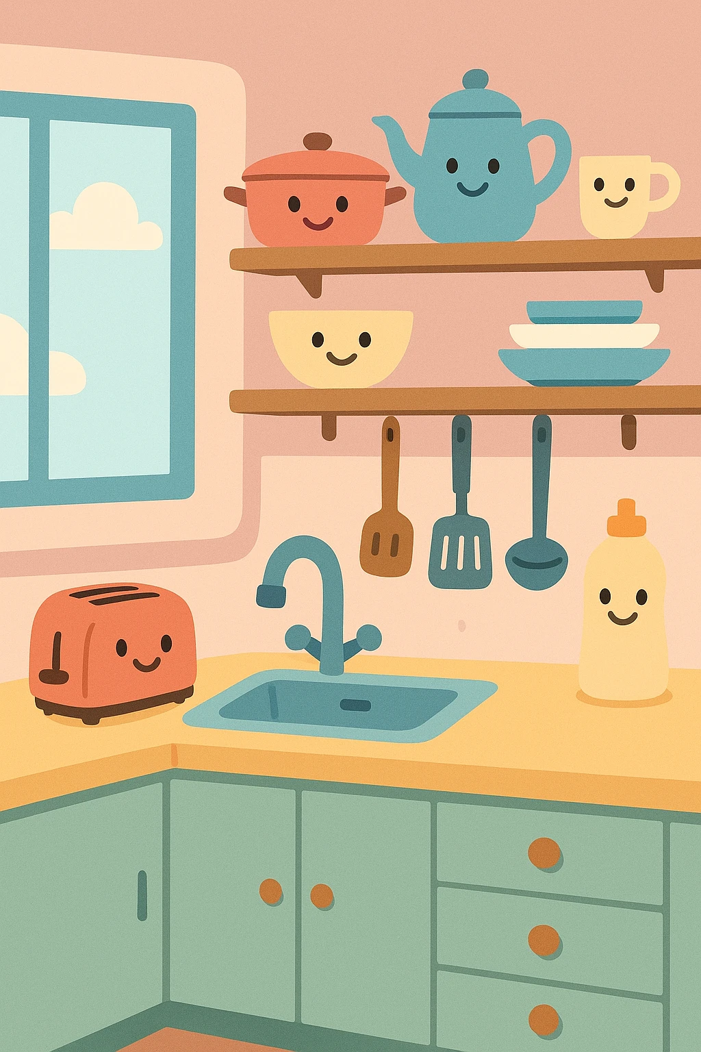 kitchen room with open shelves, utensils, and a window in a pastel minimal style emoji