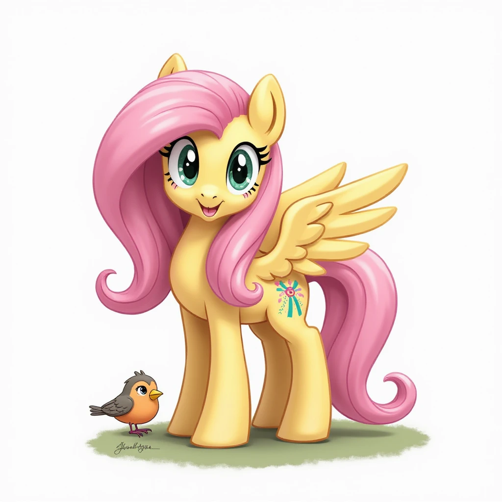 Fluttershy in a realistic style with a bird perched on her hoof, no background, transparent emoji