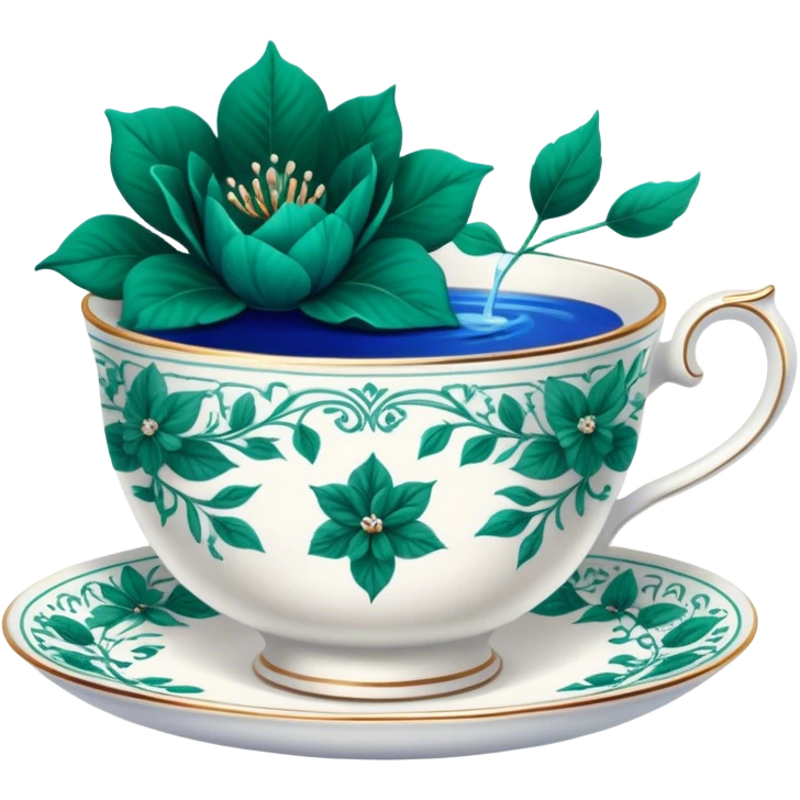 A delicate teacup with an intricate vintage emerald green floral design, set beside a love letter with deep blue ink. emoji